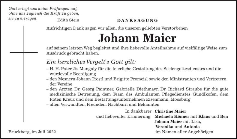 Traueranzeige Johann Maier