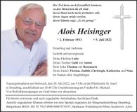 Traueranzeige Alois Heisinger