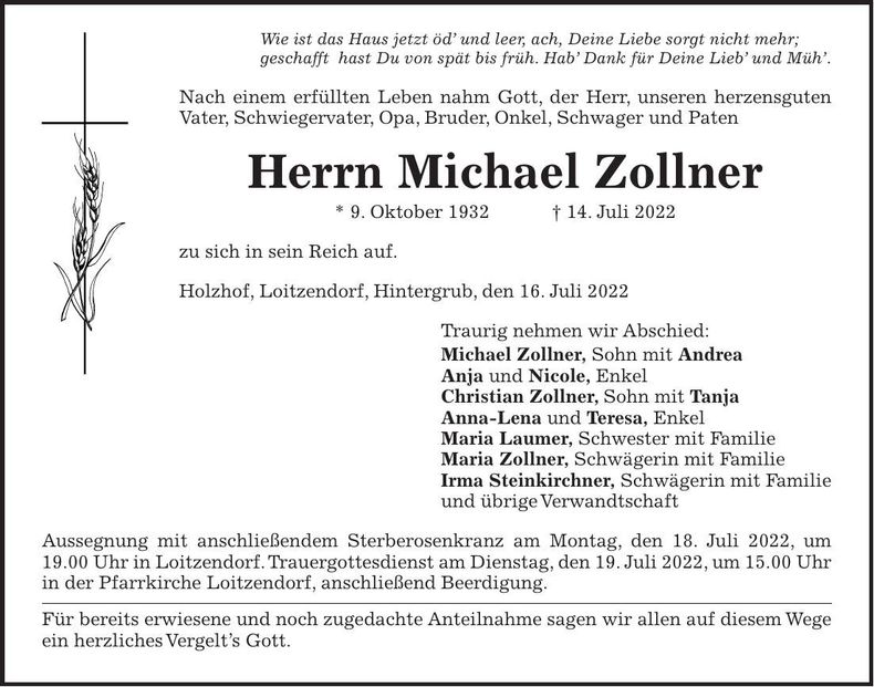 Traueranzeige Michael Zollner