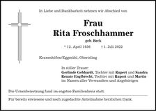 Traueranzeige Rita Froschhammer