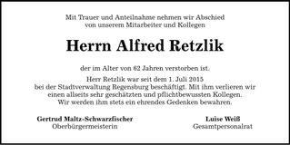 Traueranzeige Alfred Retzlik
