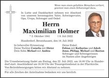 Traueranzeige Maximilian Holmer