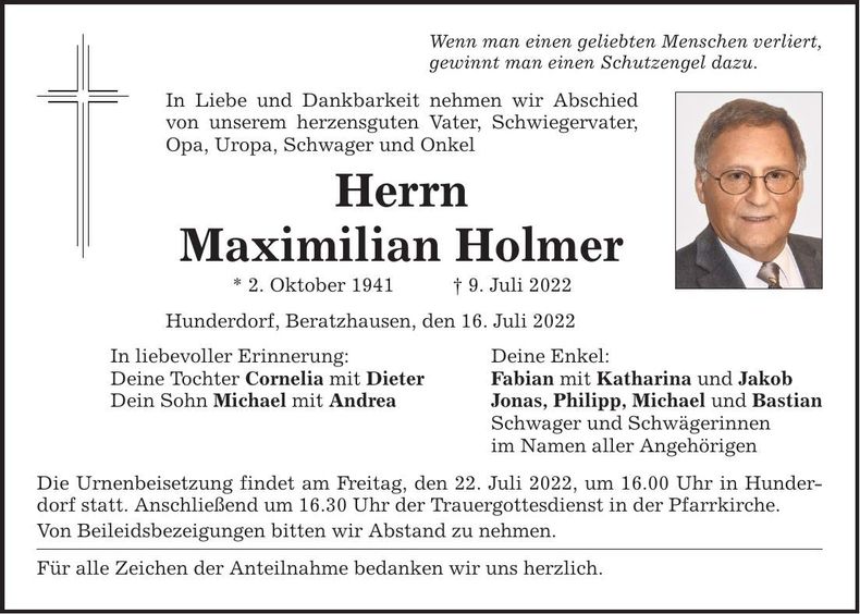 Traueranzeige Maximilian Holmer