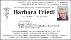 Traueranzeige Barbara Friedl