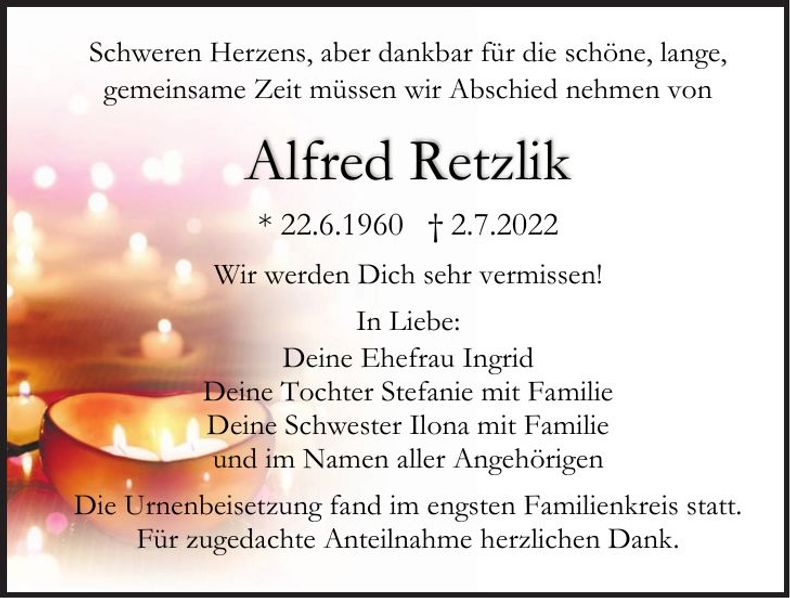 Traueranzeige Alfred Retzlik