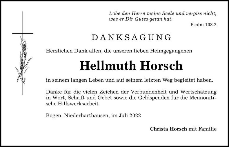 Traueranzeige Hellmuth Horsch