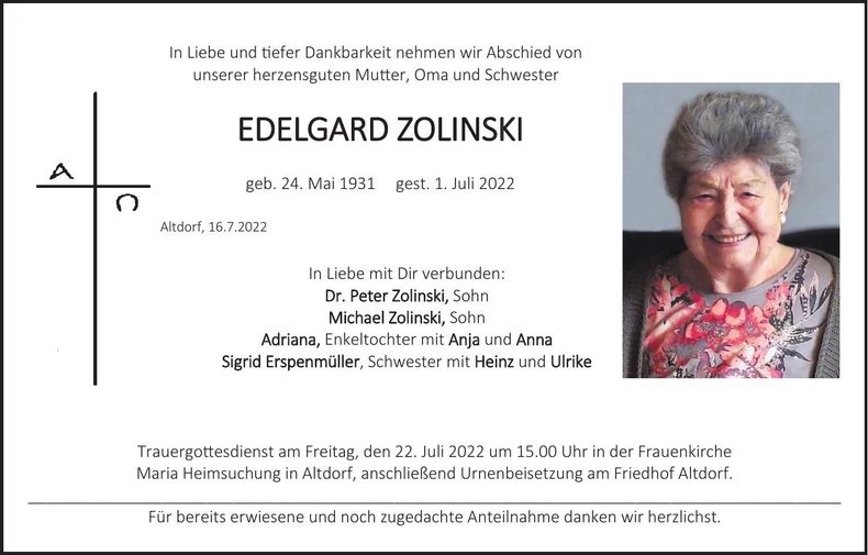 Traueranzeige Edelgard Zolinski