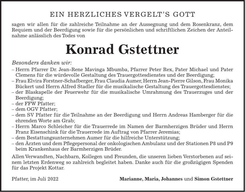 Traueranzeige Konrad Gstettner