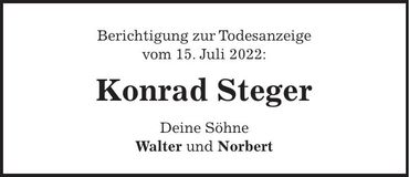 Traueranzeige Konrad Steger