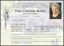 Traueranzeige Christine Reiser