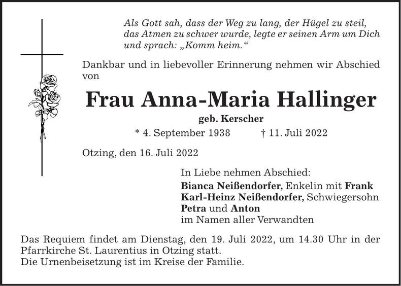 Traueranzeige Anna-Maria Hallinger