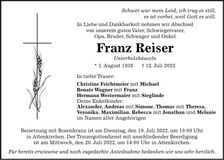 Traueranzeige Franz Reiser