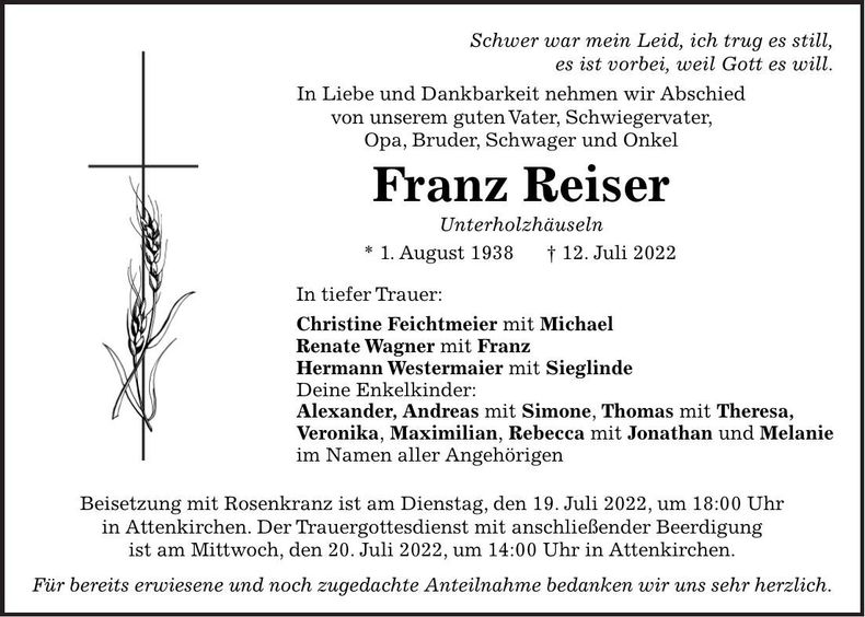 Traueranzeige Franz Reiser