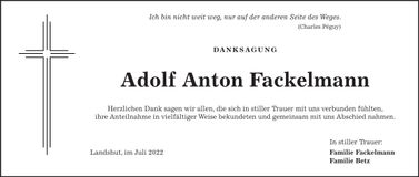 Traueranzeige Adolf Anton Fackelmann