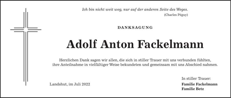 Traueranzeige Adolf Anton Fackelmann