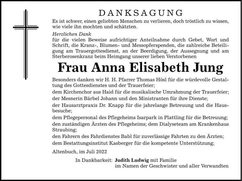 Traueranzeige Anna Elisabeth Jung