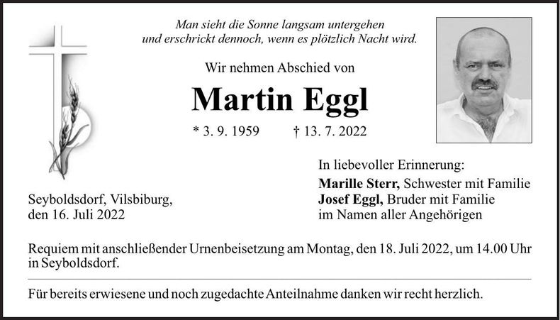 Traueranzeige Martin Eggl