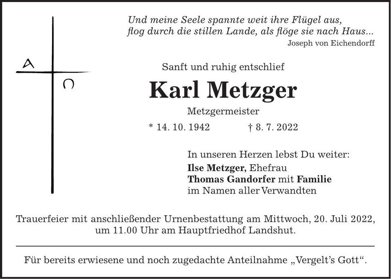 Traueranzeige Karl Metzger