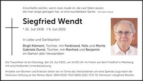 Traueranzeige Siegfried Wendt