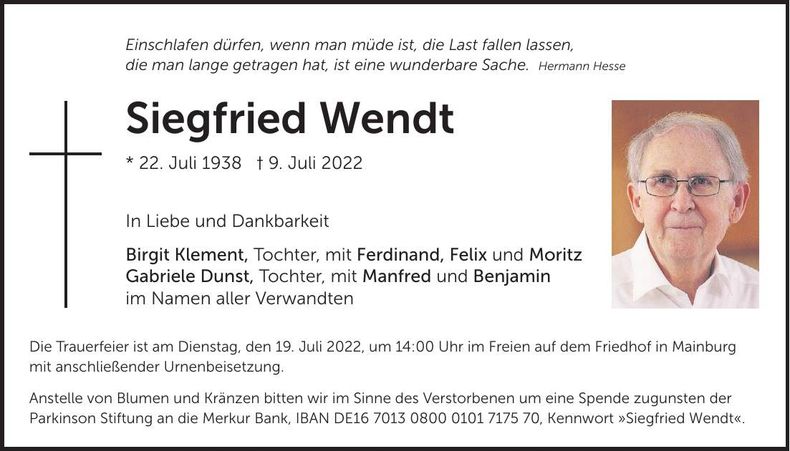 Traueranzeige Siegfried Wendt