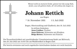 Traueranzeige Johann Rettich