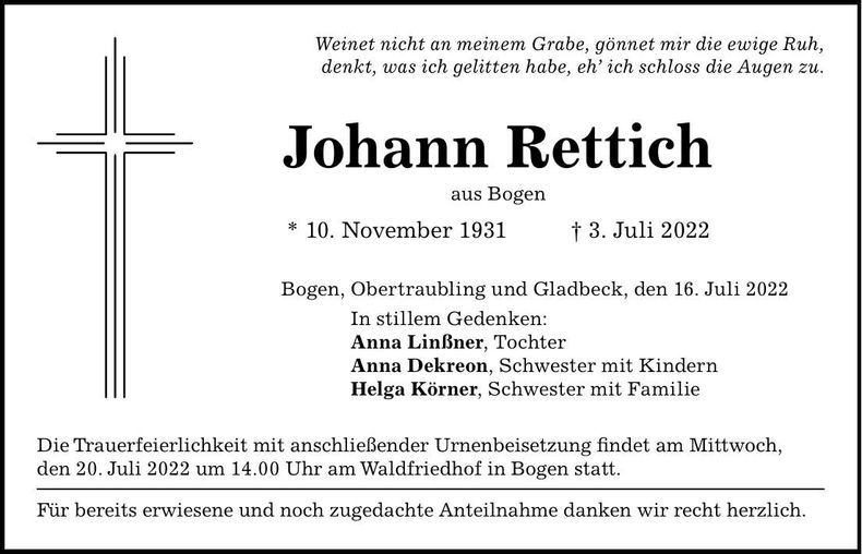 Traueranzeige Johann Rettich