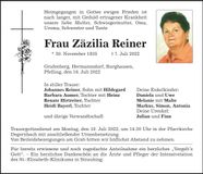 Traueranzeige Zäzilia Reiner