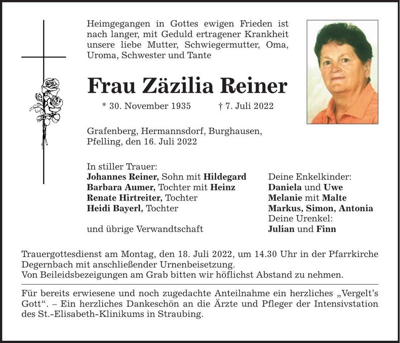 Traueranzeige Zäzilia Reiner