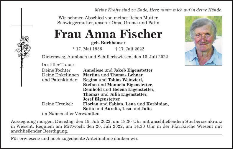 Traueranzeige Anna Fischer