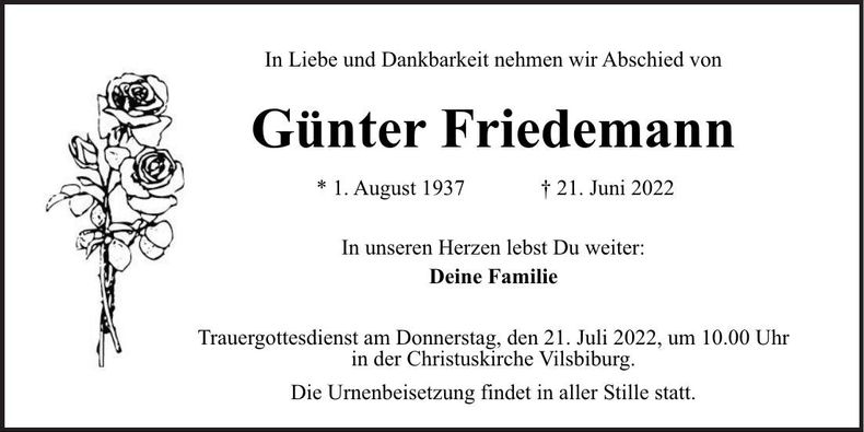 Traueranzeige Günter Friedemann