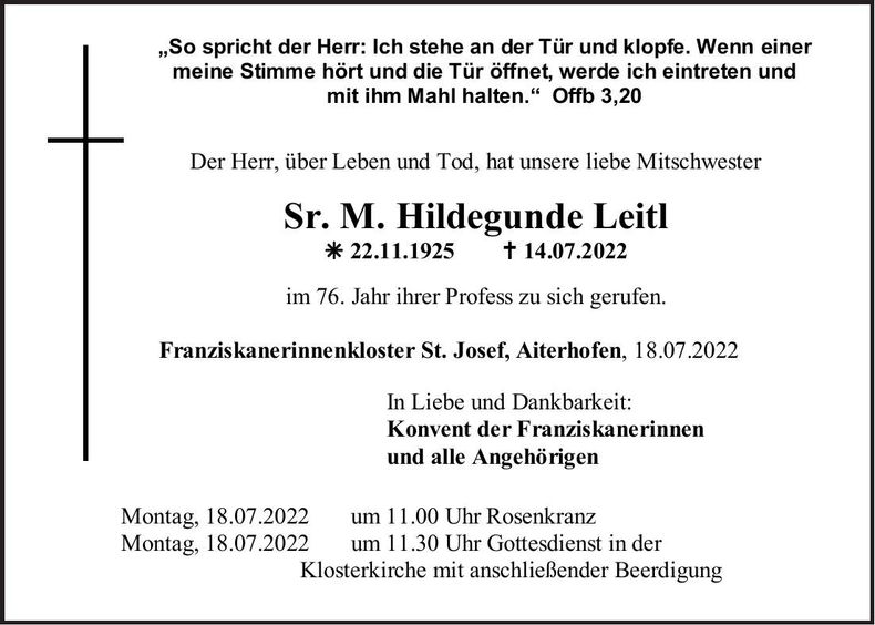 Traueranzeige Sr. M. Hildegunde Leitl