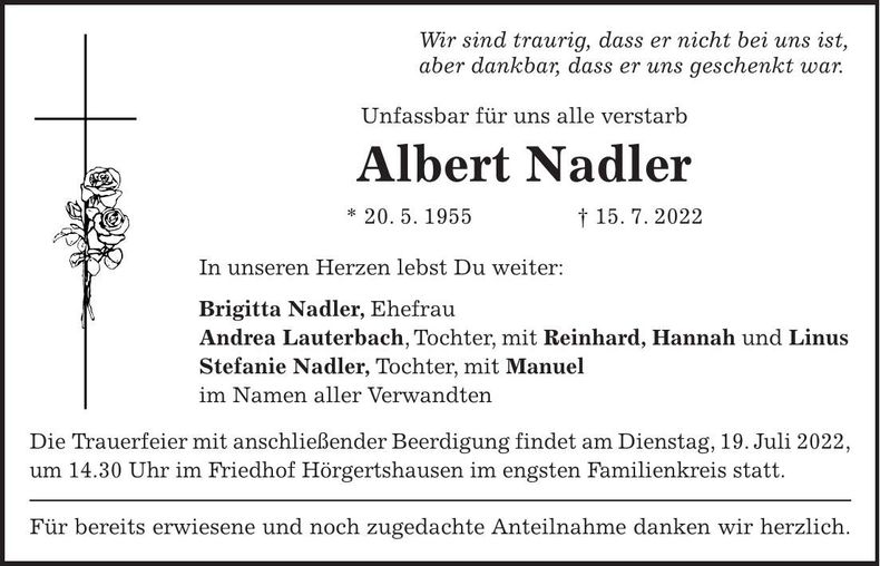 Traueranzeige Albert Nadler