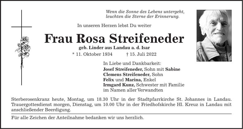 Traueranzeige Rosa Streifeneder