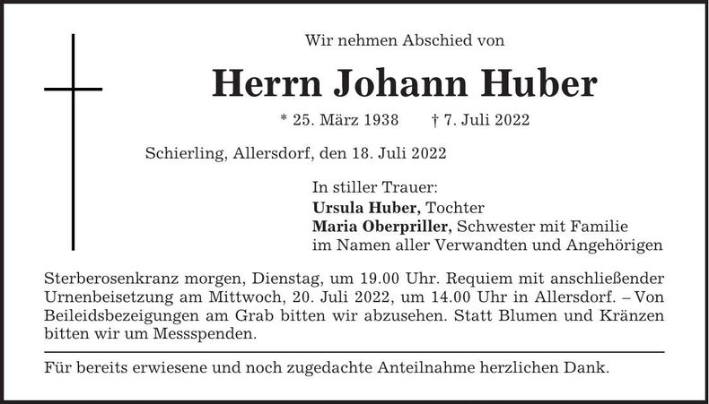 Traueranzeige Johann Huber