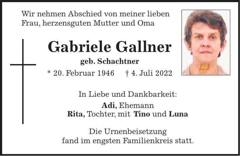 Traueranzeige Gabriele Gallner