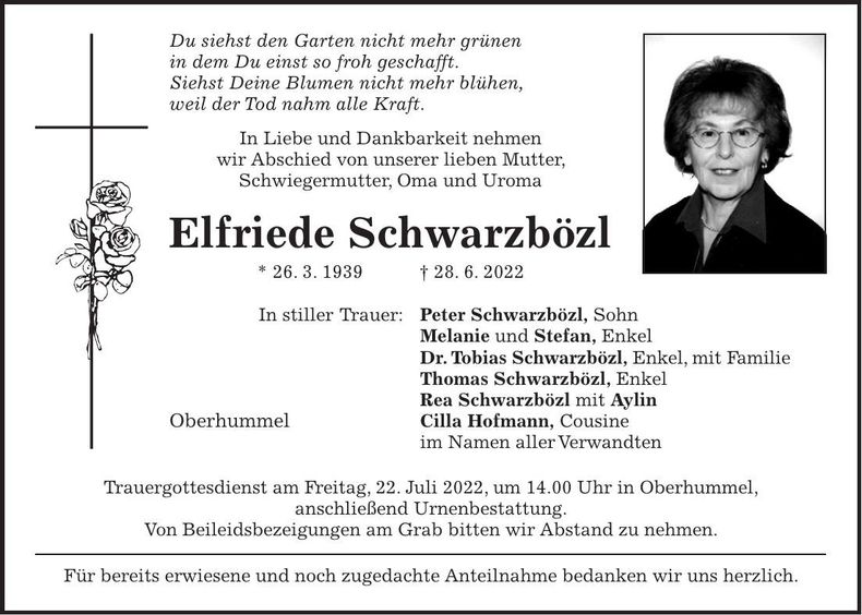 Traueranzeige Elfriede Schwarzbözl