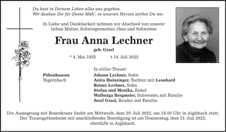 Traueranzeige Anna Lechner