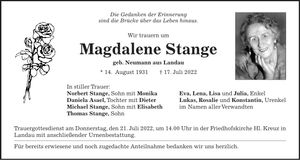 Traueranzeige Magdalene Stange