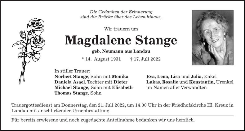 Traueranzeige Magdalene Stange