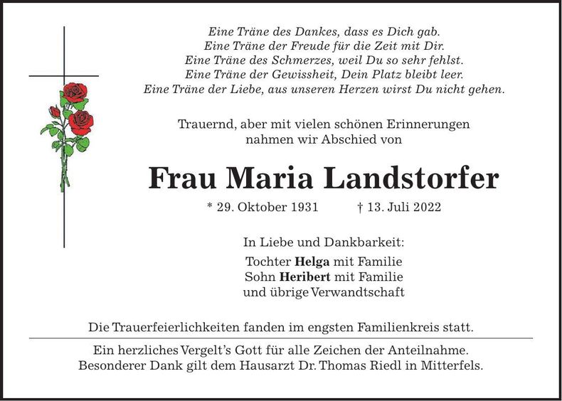 Traueranzeige Maria Landstorfer