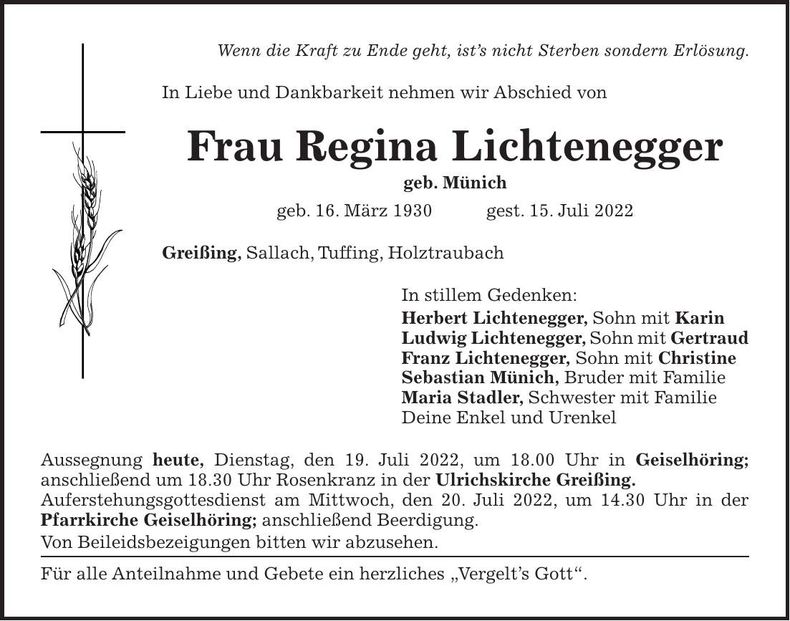 Traueranzeige Regina Lichtenegger