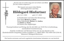 Traueranzeige Hildegard Hinfurtner