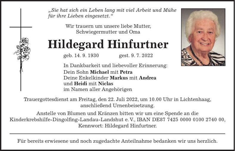 Traueranzeige Hildegard Hinfurtner