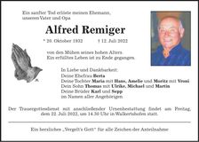Traueranzeige Alfred Remiger