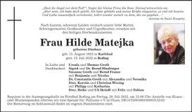 Traueranzeige Hilde Matejka