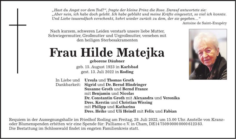 Traueranzeige Hilde Matejka