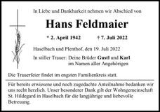 Traueranzeige Johann Feldmaier