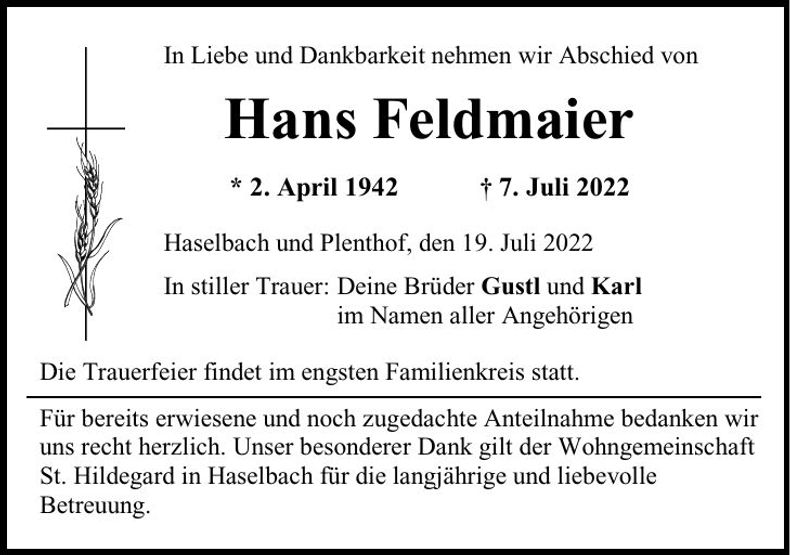 Traueranzeige Johann Feldmaier