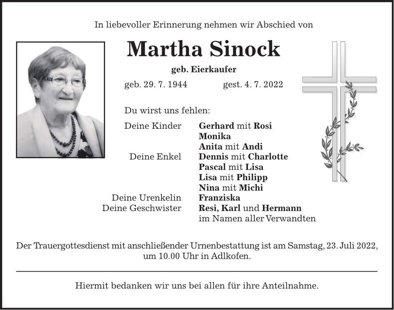 Traueranzeige Martha Sinock