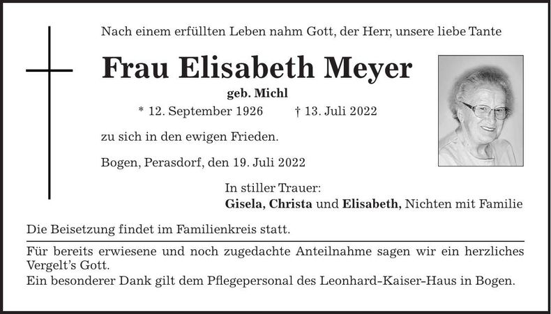 Traueranzeige Elisabeth Meyer